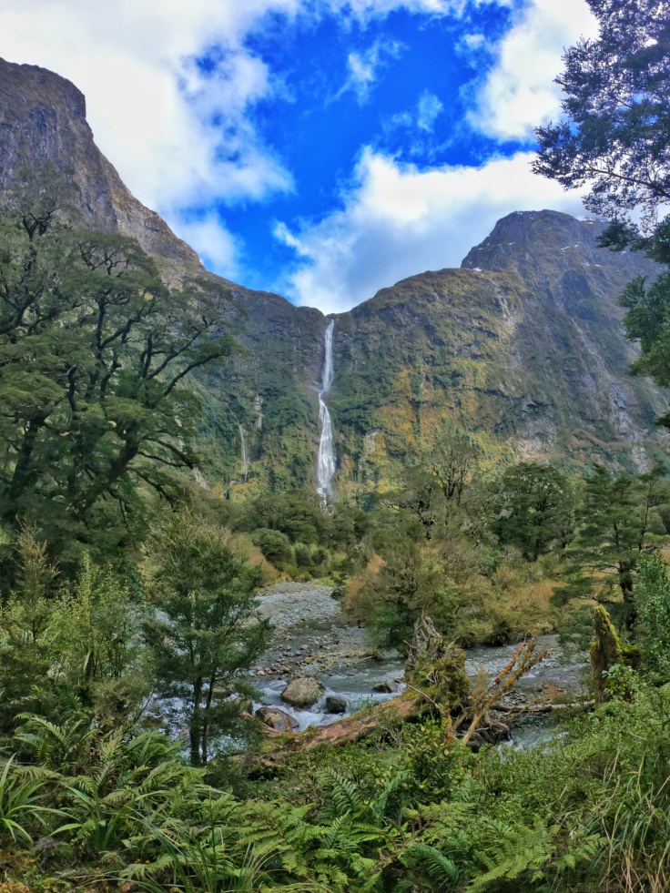 Distant view of Sutherland Falls, New Zealand