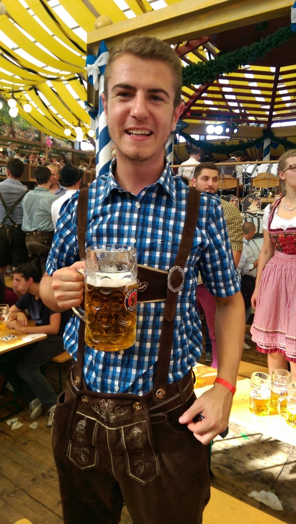 Calum Everitts dressed in a Lederhosen at Munich Oktoberfest
