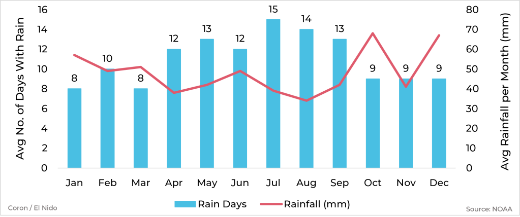 Graph showing average rainfall and days with rain by month for Coron & El Nido, Philippines